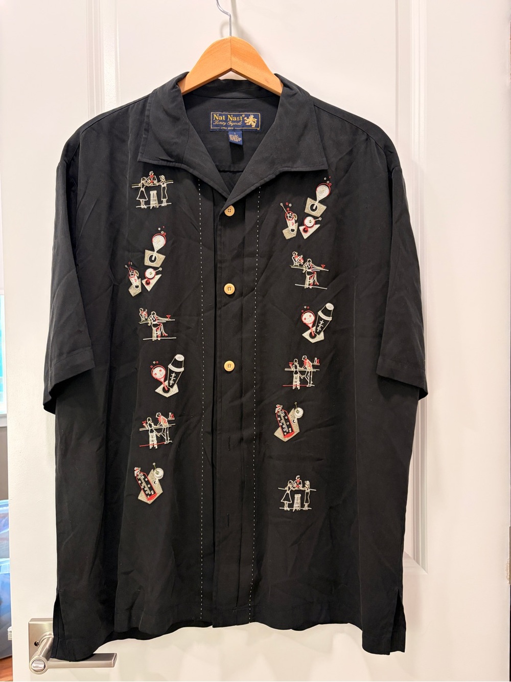 Vintage Nat Nast 100% SILK Black Short-Sleeve Embroidered Button Down Shirt